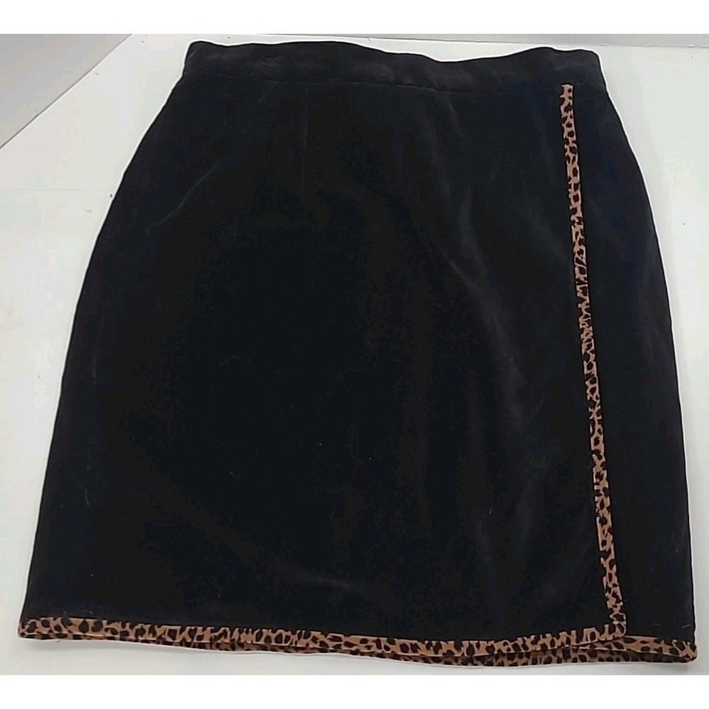 British Khaki Velvet Faux Wrap Around Skirt w Leopard prt Trim Sz 14 Made In USA